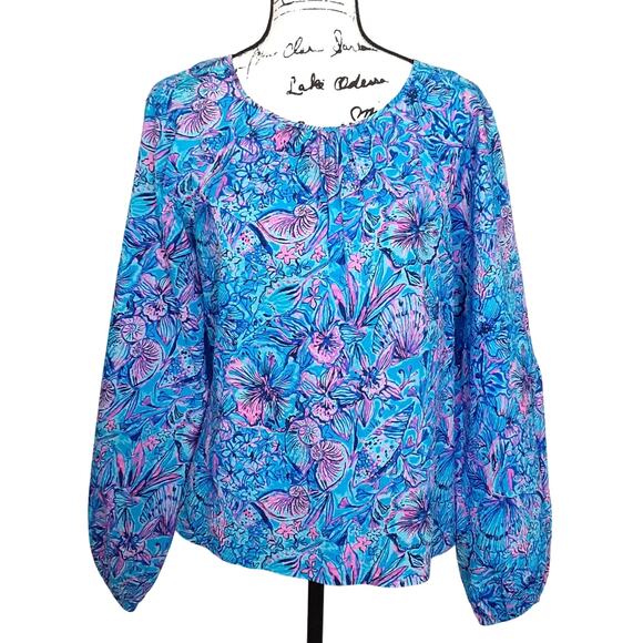 Lilly Pulitzer Rilynn Top Long Sleeve Cotton Breakwater Blue Shells N Bells L - Picture 1 of 9
